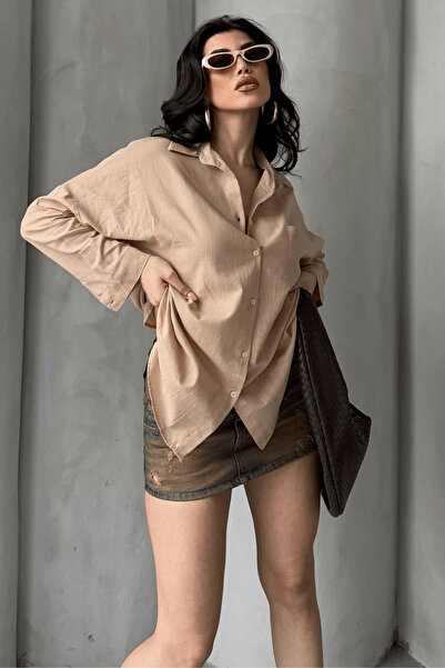 Paw Garage Γυναικείο πουκάμισο Marlot Mink oversized Linen, Καλοκαιρινή Συλλογή 2025