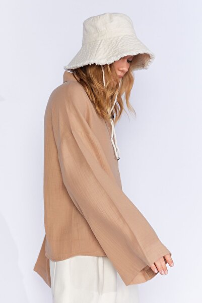 EDITION WOMAN Vizon Taş Kolları Salaş Yıkamalı Müslin Oversize Rahat Kalıp Kadın Basic Gömlek| Mks166881-01-6881