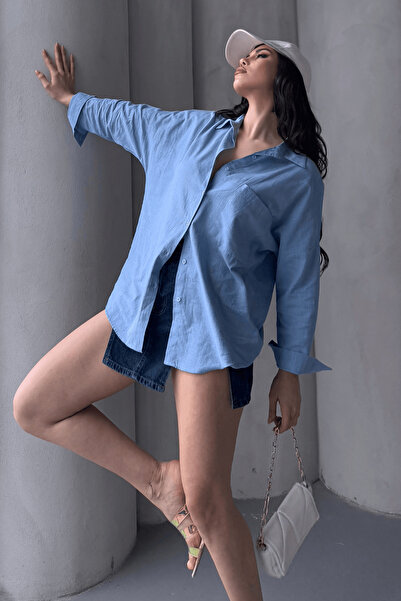 Paw Garage Γυναικείο πουκάμισο Marlot Blue oversized Linen, Καλοκαιρινή Συλλογή 2025