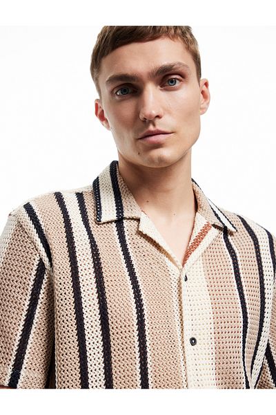 Koton Cotton Short Sleeve Regular Fit Openwork Classic Collar Striped Shirt