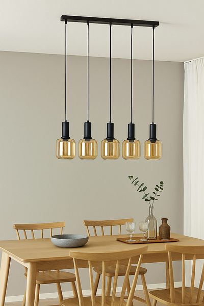Modavize Tanem Modern Design Living Room Kitchen Cafe Black Color Honey Glass 5-Piece Chandelier