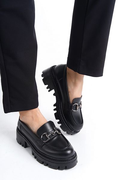 ayakkabıhavuzu -Mocasini cu talpă groasă pentru femei Mocasini Guc Black Platinum Cataramă Loafer