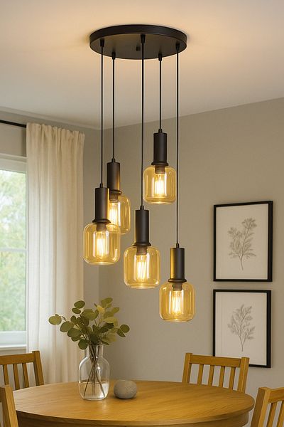 Modavize Tanem Modern Design Living Room Kitchen Cafe Black Color Honey Glass Pendant Lamp 5-Piece Chandelier