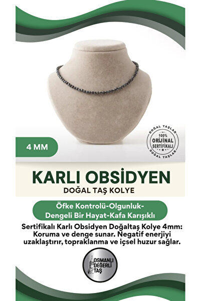OSMANLI DEĞERLİ TAŞ Sertifikalı Karlı Obsidyen Doğaltaş Kolye 4 Mm, M484