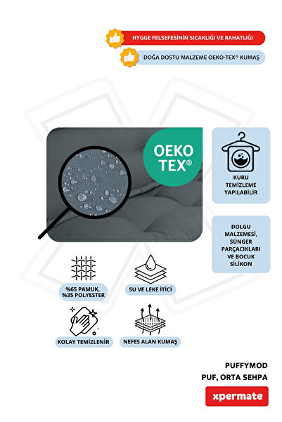 XPERMATE Dekoratif Kare Puf Orta Sehpa Ayak Uzatma Puf 40x40 Cm Gri Puffymod