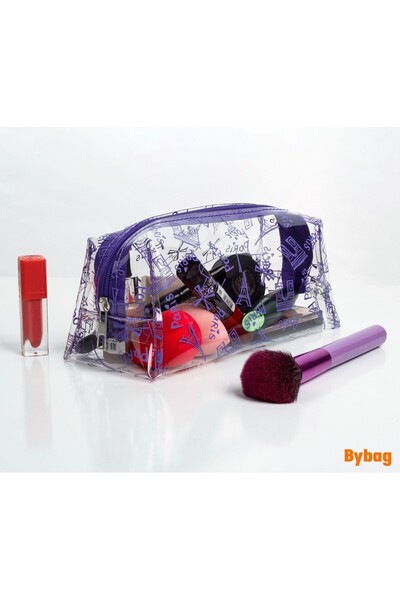 BYBAG Paris Eyfel Kulesi Baskılı Mor Renkli Şeffaf PVC Makyaj Seyahat Kozmetik Ecza Bebek Deniz Çantası