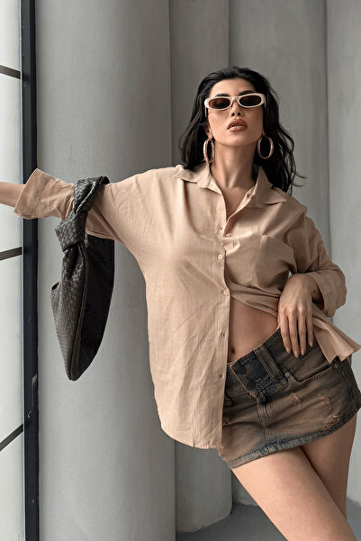 Paw Garage Γυναικείο πουκάμισο Marlot Mink oversized Linen, Καλοκαιρινή Συλλογή 2025