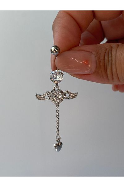 kurukafagift Steel Angel Wings Zircon Stone Silver Color Heart Long Navel Piercing