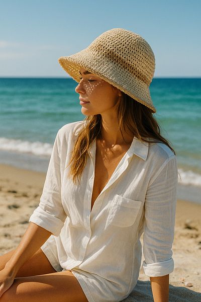 Luminos Butik Beige Hand Knitted Hat - Wide Brim, Color Transition and Sun Protection (Hsr2099)