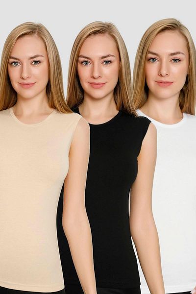 Arma Yıldız Women's Cotton Lycra Crew Neck Sleeveless T-Shirt 3-Piece White Black Skin
