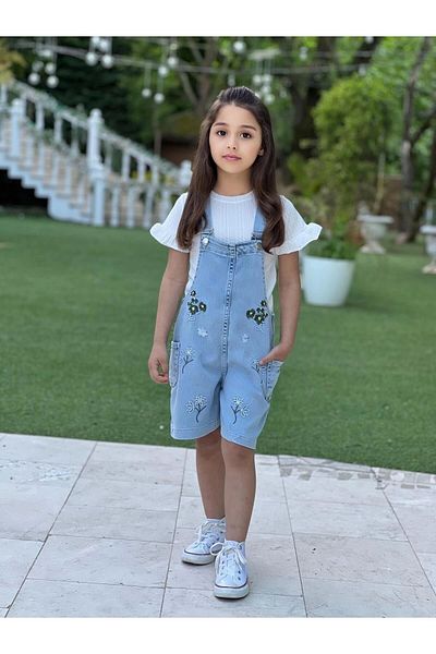 DUDOR KİDS Set de blugi brodate cu flori pentru fete și tricou ecru
