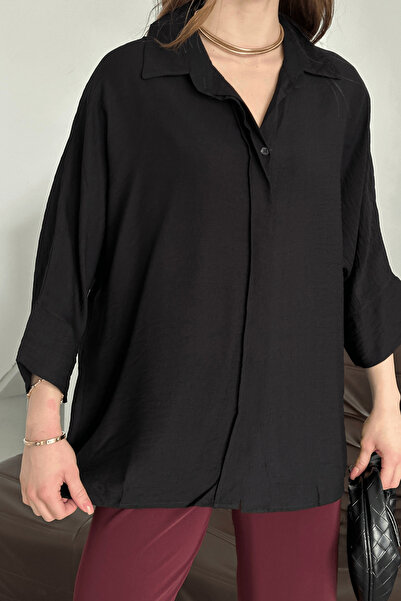 Paw Garage Γυναικείο πουκάμισο Evelyn Black oversized , Λινό πουκάμισο Ayrobin με πλάτη με πόρπη