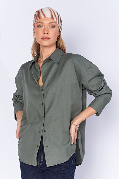 Manche قميص أكسفورد من مزيج القطن الكاكي| MKW167422-01