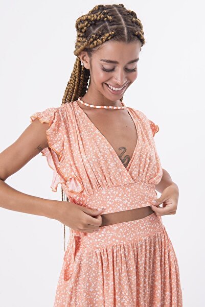 FASHION COCKTAIL Çiçekli Viskon Fırfırlı Bağlamalı Lastikli Bohem Yazlık Bluz Mini Etek İkili Takım