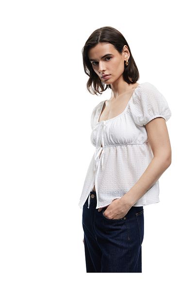 Koton Short Sleeve Balloon Sleeve Tie Front Bow Blouse