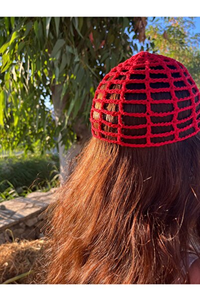 Poshy Atelier Kroşe El Yapımı Örgü Kırmızı Yazlık Kadın Şapka Tığ İşi