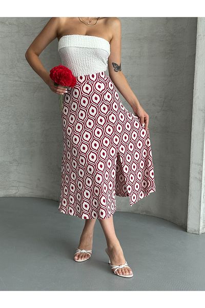 REELMODA Women's Red Patterned Slit Stretchy Stylish Summer Skirt