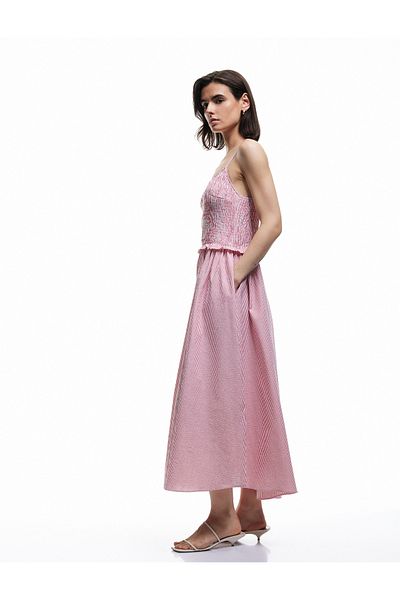 Koton Cotton Ruffle Detailed Gipeli Gingham Thin Strap Midi Length Flared Dress