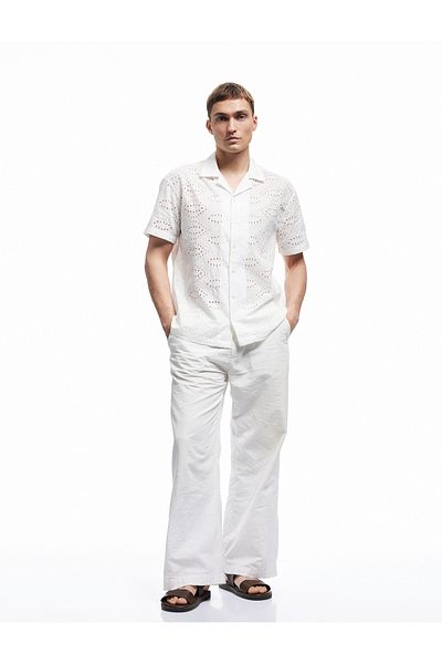 Koton Cotton Regular Fit Short Sleeve Turn-Down Collar Brodeed Shirt