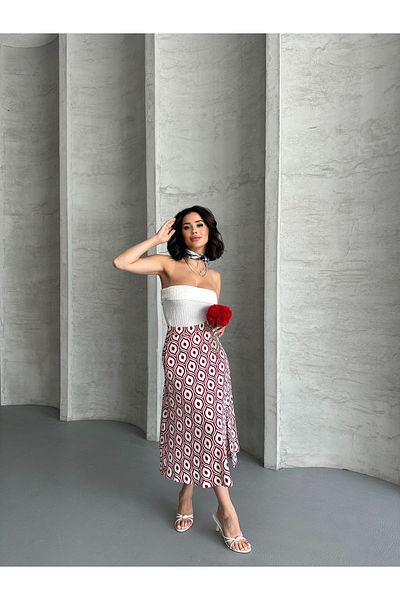 REELMODA Women's Red Patterned Slit Stretchy Stylish Summer Skirt