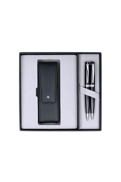 Scrikss Dr247 Gift Set Ballpoint Pen - Versatil Pen 38 Black Chrome & Double Pen Case with Cap Black