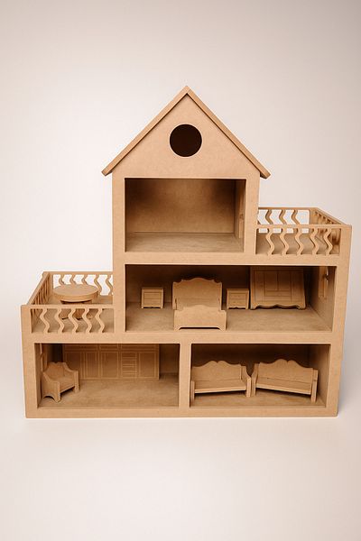 HEDEF BEBEK EVİ DIY Paintable 3 Storey Wooden Doll House – Montessori Style Play House with 15 Pieces of Furniture