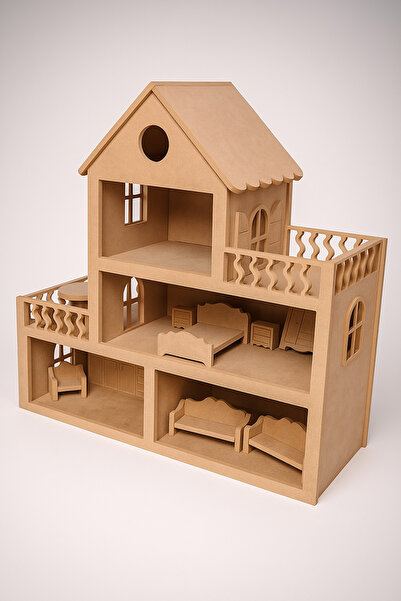 Genel Markalar Dıy Boyanabilir 3 Katlı Ahşap Bebek Evi – 15 Adet Mobilyalı Montessori Tarzı Oyun Evi