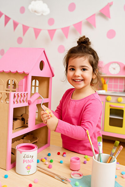 Genel Markalar Dıy Boyanabilir 3 Katlı Ahşap Bebek Evi – 15 Adet Mobilyalı Montessori Tarzı Oyun Evi