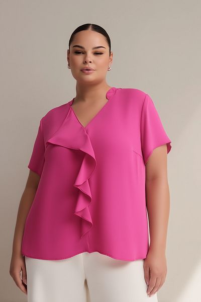 Hanezza V-Neck Front Ruffle Blouse