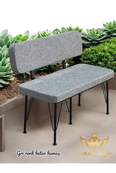 BY HAKAN AŞKIN Siyah Metal Ayaklı Metal Alt Kasalı Keten Orta Ton Gri 2025 Sırtlı Bench Bank
