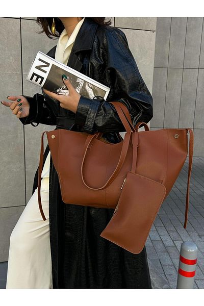 Mercan Stores Women's Tan Color Wallet Detailed Snap Closure Large Tote Phenomenon Shoulder Bag