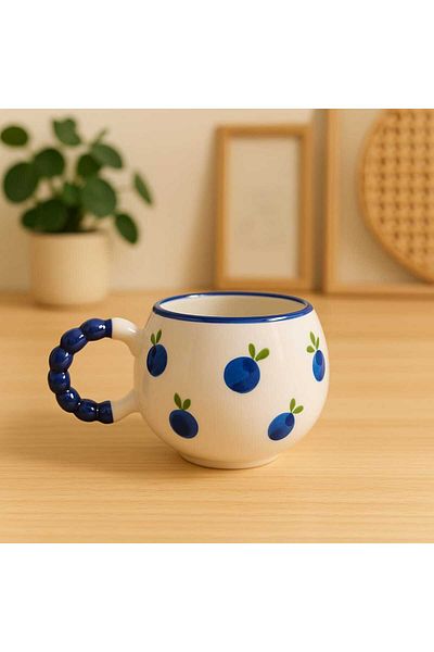 İZart Pearl Handle Detailed Blueberry Patterned Special Embossed Hand Embroidered Ceramic Mug