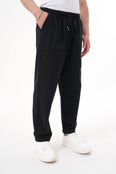 BigBrossBoutique Black Men's Summer Cotton Linen Blend Comfortable Fit Trousers