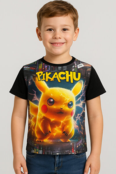 KaiKids تي شيرت للأطفال بطباعة رقمية ثلاثية الأبعاد بيكاتشو باللون الأسود