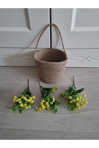 ÖRGÜM Basket Mini Jute Basket with Artificial Flowers 12X10 cm