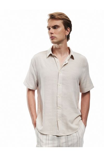 Koton Regular Fit Textured Classic Collar Cotton Viscose Blend Short Sleeve Shirt