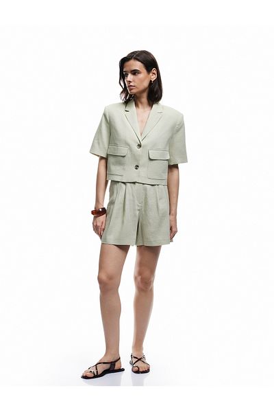 Koton Κοντομάνικο μπουφάν με επένδυση από λινό Crop Blazer με τσέπες με κουμπιά