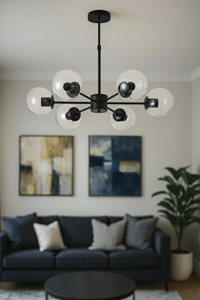 Avizemoda Miya 6 lı Şeffaf Camlı Salon Oturma Odası Modern Sarkıt Avize - (Siyah)