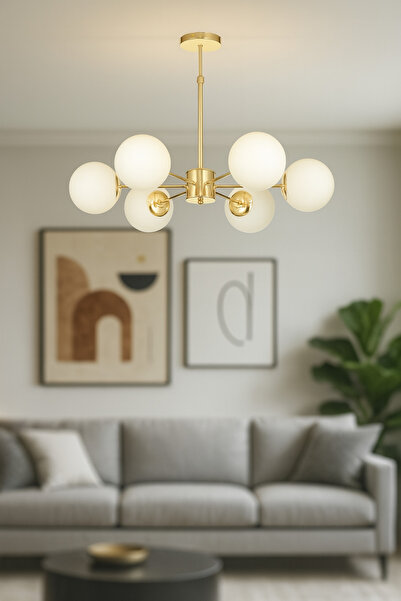 Avizemoda Miya 6 lı Beyaz Camlı Salon Oturma Odası Modern Sarkıt Avize - (Gol...