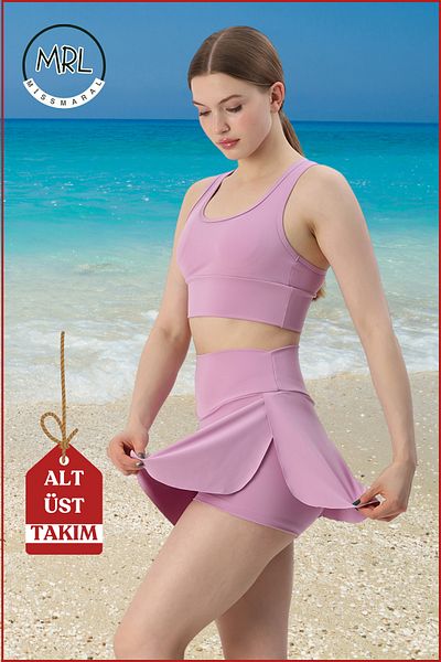 missmaral Women's Bottom-Top Set Shorts & Fixed Pad Top Crop Swimsuit in the Sea Pool Sports Lilac Color Suit3107