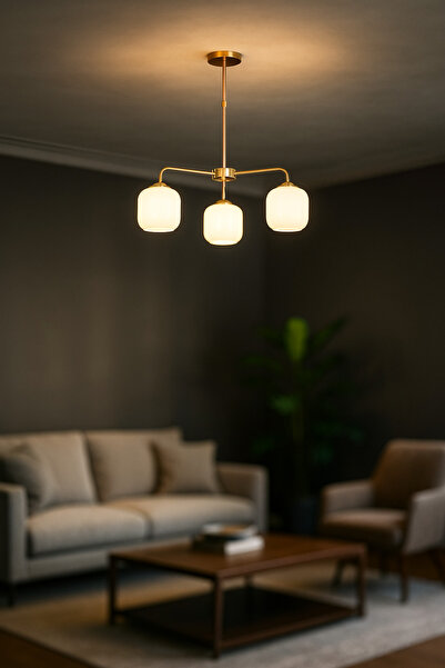 Avizemoda Siena 3 lü Beyaz Camlı Salon Oturma Odası Modern Sarkıt Avize - (Go...