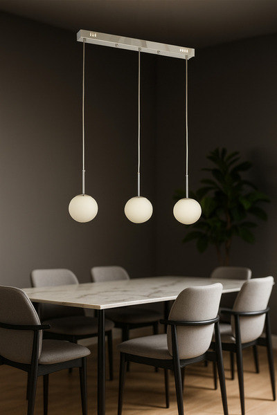 Avizemoda Miya 3 lü Yemek Masası Üstü Beyaz Camlı Modern Sarkıt Avize - (Krom Kaplama)