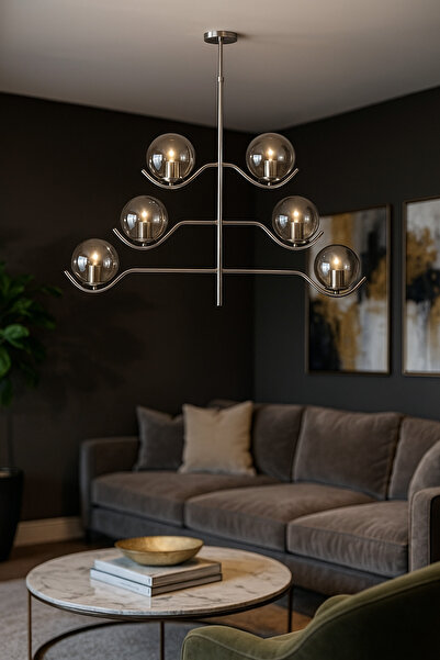 Avizemoda Ranya 6 Lı Füme Camlı Salon Oturma Odası Modern Kollu Avize - (KROM...