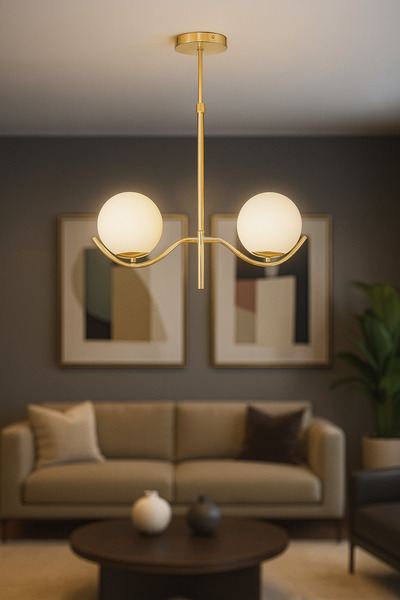 Avizemoda Ranya 2 li Beyaz Camlı Salon Oturma Odası Modern Avize - (Gold Kapl...