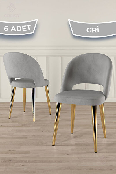 Canisa Pane Serisi 6 Adet Gri Mutfak Sandalyesi Gold Kaplama Metal Ayak 1. Sı...