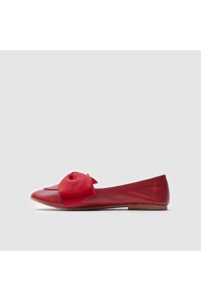 TOGO Kırmızı Hakiki Deri Fiyonklu Kadın Babet Ayakkabı [060040]