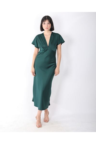 DEQ FASHION Women's Emerald Green Satin V-Neck Midi Length Dress