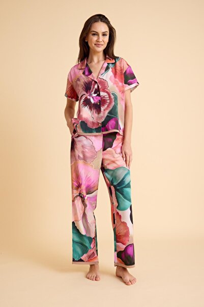 Amarelle Paradise Sklamen Viscose Buttoned Silky Pajama Set