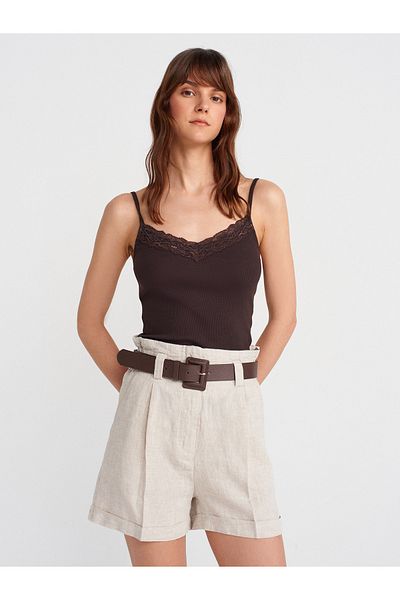 Dilvin 21015 Lace Detailed Top-Dark Brown