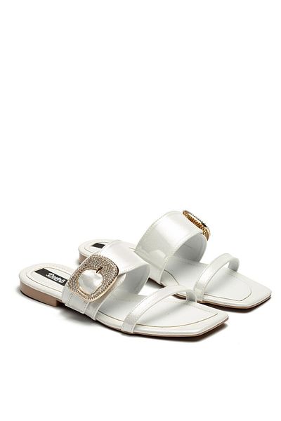 Dedos Women's Leather Sole Stone Buckle Slippers White 13005